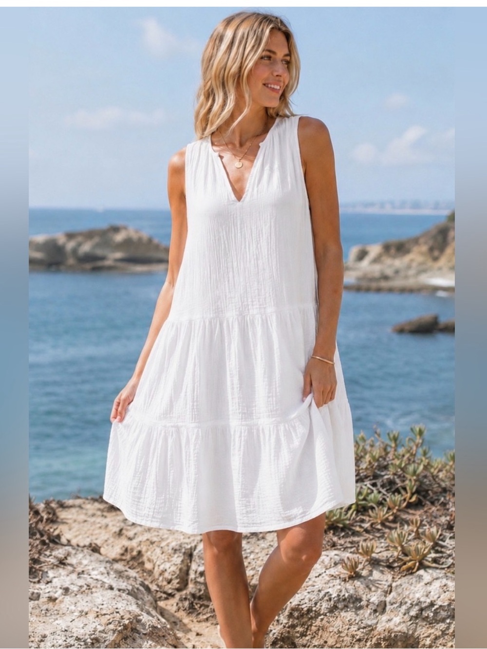 C&C California White 100% Cotton Gauze Tiered Babydoll Swing Dress M